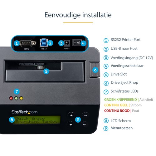 StarTech.com Single Bay Hard Drive Wisser, Standalone HDD/SSD Sanitizer/Eraser, 4Kn, USB 3.0 naar SATA III (6 Gbps), 9 Wismodi, LCD Display, Hard Disk Secure Erase Dock, DB-9 Printer Poort, TAA Compliant