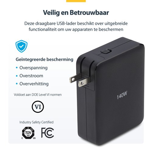 StarTech.com 140W USB-C Wandlader, 3x USB-C/1x USB-A, APFC, PD 3.1 Internationale GaN Power Adapter voor MacBook/Dell XPS/Inspiron