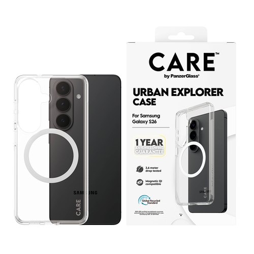 PanzerGlass CARE™ by ® Urban Explorer Case Transparent w. White Qi Samsung Galaxy S26 mobiele telefoon behuizingen Hoes Transparant