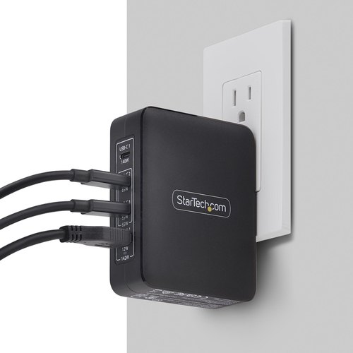 StarTech.com 140W USB-C Wandlader, 3x USB-C/1x USB-A, APFC, PD 3.1 Internationale GaN Power Adapter voor MacBook/Dell XPS/Inspiron