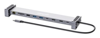 Manhattan USB-C dock/hub met kaartlezer en MST, poorten (7): Ethernet, HDMI (2× 4K@60Hz), USB-A (3×) en USB-C, met Power Delivery (PD) 100W - vereist een externe USB-C-lader (niet inbegrepen). USB-gevoed (geen externe voeding vereist) wanneer PD niet wordt gebruikt