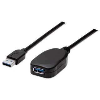 Manhattan USB-A naar USB-A verlengkabel, 5 m, mannelijk naar vrouwelijk, actief, 5 Gbps (USB 3.2 Gen1 / USB 3.0), ingebouwde repeater, zwart, 3 jaar garantie, equivalent aan USB2AAEXT5M