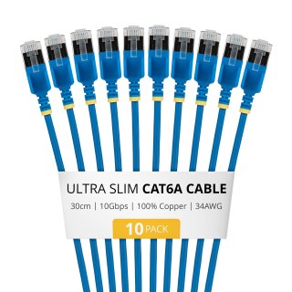 30cm Blue Ultra Slim Cat6A 10 Pack
