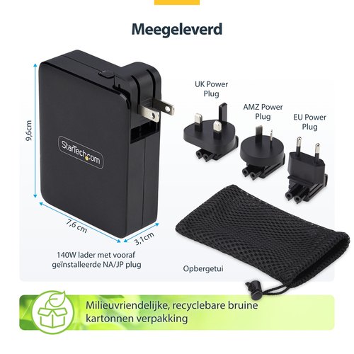 StarTech.com 140W USB-C Wandlader, 3x USB-C/1x USB-A, APFC, PD 3.1 Internationale GaN Power Adapter voor MacBook/Dell XPS/Inspiron