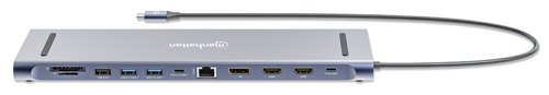 Manhattan USB-C dock/hub met kaartlezer, poorten (10): 3,5 mm audio, DisplayPort, Ethernet, HDMI (2×), USB-A (3×) en USB-C (2×), met PD 100W -vereist een externe USB-C-lader (niet inbegrepen). USB-gevoed (geen externe voeding vereist) wanneer PD niet wordt gebruikt