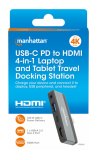 Manhattan USB-C travel dock, HDMI, USB-A, USB-C en 3,5 mm audio, met Power Delivery (PD) 100 W - vereist een externe USB-C-lader (niet inbegrepen). USB-gevoed (geen externe voeding vereist) wanneer PD niet wordt gebruikt