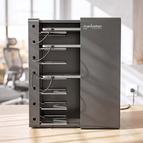Manhattan Laadkast voor 7 apparaten, laden via interne AC-adapters (EU) (installatie van voedingskabels van apparaten vereist), geschikt voor ALLE laptops tot 16", iPad, MacBook en Chromebook, vakken 402×50×290 mm, afsluitbaar