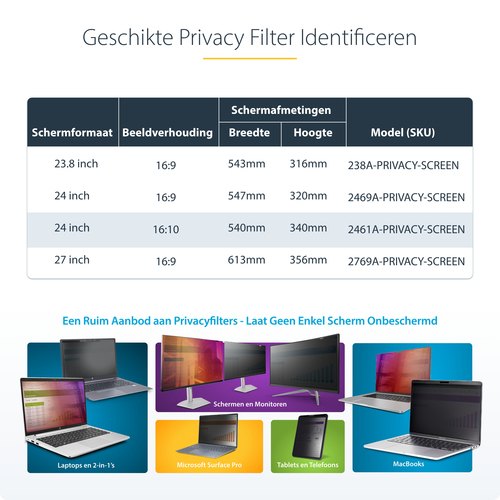 StarTech.com 24 inch 16:10 Computer Monitor Privacy Filter, Hangend Acryl Security Filter, Snel te installeren Privacy Screen, Monitor Screen Protector, +/- 30 Graden Kijkhoek, Glanzend