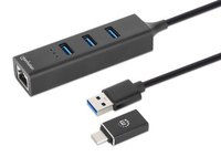 Manhattan USB-C & USB-A combo dock/hub, poorten (4): Ethernet + USB-A (3×), 5 Gbps (USB 3.0), USB-gevoed (geen externe voeding vereist)