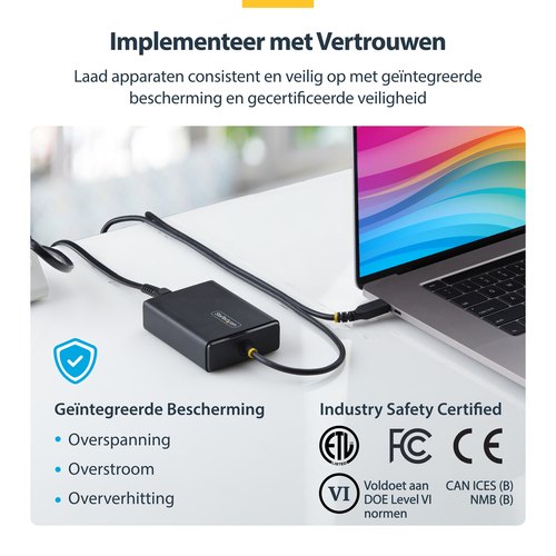 StarTech.com 100W USB-C Laptop Oplader met 1,5m Geïntegreerde USB-C Kabel, Power Adapter Brick voor Dell, XPS, HP ProBook, MacBook Pro, Microsoft Surface Pro