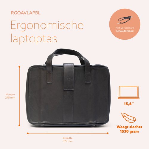 R-Go Tools Laptoptas R-Go Viva, full-grain leer, ergonomisch met geïntegreerde laptopstandaard, sociaal product, voor 15,6 inch, zwart