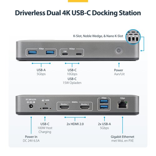 StarTech.com Dual-Monitor USB-C Docking Station, HDMI, 4K 60Hz, 100W Laptop Charging, 1GbE, Driverless, Multi-Monitor Dock voor Windows