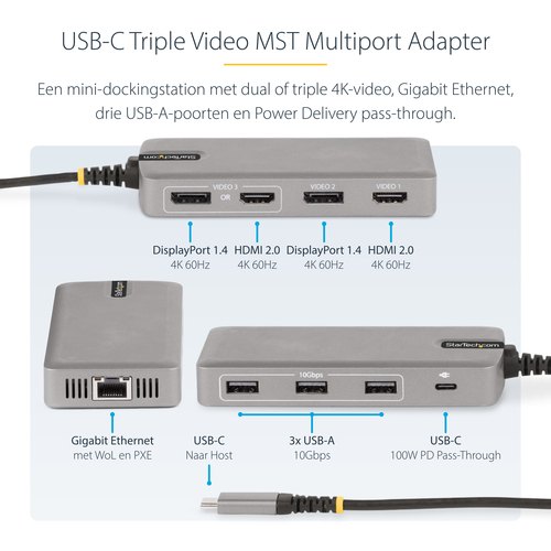 StarTech.com USB-C Triple Monitor Multiport Adapter, Dual 4K 60Hz + 4K 30Hz HDMI & DisplayPort, 3-Port USB Hub, 10Gbps, 100W PD Pass-Through, GbE, Travel Dock, Windows & ChromeOS