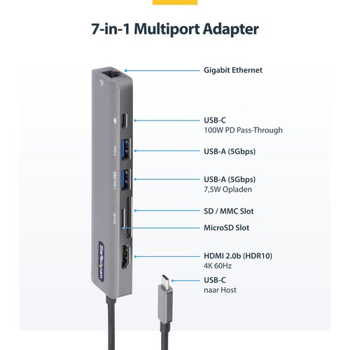 StarTech.com USB-C Multiport Adapter Hub, USB-C naar 4K 60Hz HDMI, Gigabit Ethernet en 100W Laptop Charging voor Macbook Pro / Air en Windows
