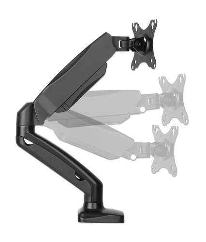 Manhattan Bureaubeugel voor TV’s en monitoren (Volledig Verstelbaar met veer), voor schermen 13"–27", met tafelklem of bladdoorvoer, VESA-compatibiliteit: 75x75 en 100x100 mm (controleer de afmetingen van de vier montagegaten aan de achterzijde), max. 9 kg, zwart