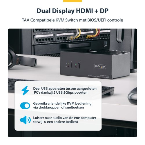 StarTech.com 2-Port Dual-Monitor DisplayPort en HDMI KVM Switch, 4K 60Hz, 1x HDMI & 1x DP Monitor, 2-Port USB Hub, 5Gbps, 2x USB HID Ports, TAA Compliant
