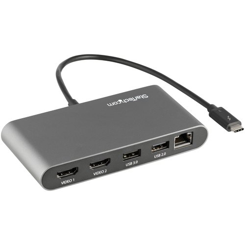 StarTech.com Dual-Monitor Thunderbolt Mini Dock, 4K 60Hz HDMI, Driverloze Hub voor Windows & Mac, Gigabit Ethernet, 1x USB-A (USB 5Gbps), 28cm Kabel