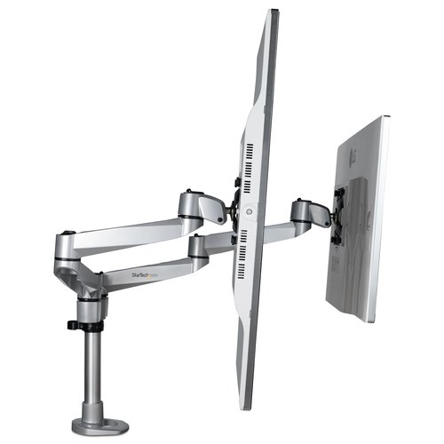 StarTech.com Dual Monitor Arm, Premium Scharnierende Bureau Monitor Beugel voor VESA Schermen tot 30" (10kg), Monitorsteun met Verstelbare Hoogte, Draaien/Kantelen/Zwenken, Klem/Doorvoertule, Zilver