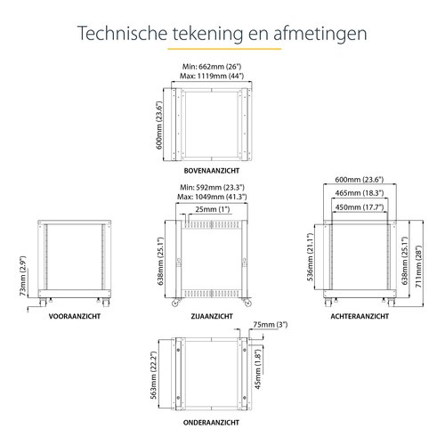 StarTech.com 4-Post 12U Mobiel Open Frame Server Rack, 19" Patchkast met Wielen en 4 Stijlen, Open Serverkast met Verstelbare Diepte voor Computer / AV / Netwerk Apparatuur - Wielen, Stelvoeten of Vloermontage