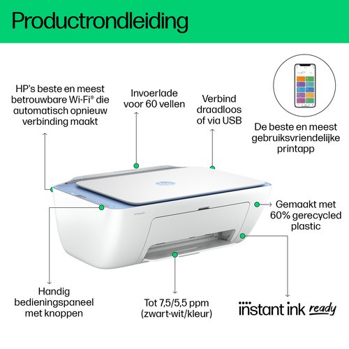 HP DeskJet 2822e Draadloos All-in-One Kleur Printer, Instant Ink; Kopieerapparaat, scanner