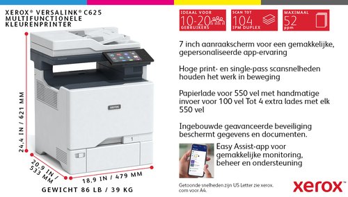 Xerox VersaLink C625 A4 50 ppm dubbelzijdig kopiëren en printen, scannen en faxen, geschikt voor PS3 PCL5e/6 2 laden voor max. 650 vel