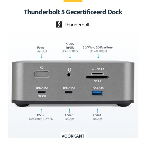 StarTech.com Thunderbolt 5 Universeel Docking Station, Multi-Display Hub, 8K 60Hz of 4K 144Hz, 120Gbps Bandwidth Boost, 140W PD, 30W Phone Charging, USB 10Gbps, 2.5G LAN