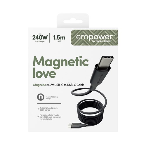 PanzerGlass empower™ by ® Magnetic 240W USB-C to USB-C Cable | USB 2.0 | 1.5M | Space Black USB-kabel 1,5 m Transparant