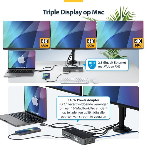 StarTech.com Triple-Monitor USB-C Docking Station, 140W Charging Dock voor MacBook Pro en Windows, 4K 60Hz HDMI of DisplayPort, TAA