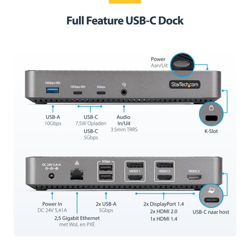 StarTech.com USB-C Triple Monitor Docking Station - HDMI/DP Triple 4k USB-C Dock - 5x USB Hub - GbE - 100W PD - Universeel Multi Monitor Docking Station - Thunderbolt 3/4 Compatibel