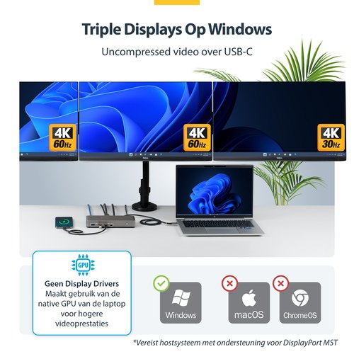 StarTech.com USB-C Docking Station Triple 4K Displays (2x 4K 60Hz, 1x 4K 30Hz), 100W Power Delivery, 6x USB 10Gbps, Gigabit Ethernet, DisplayPort + HDMI, Driverless Windows Laptop Dock