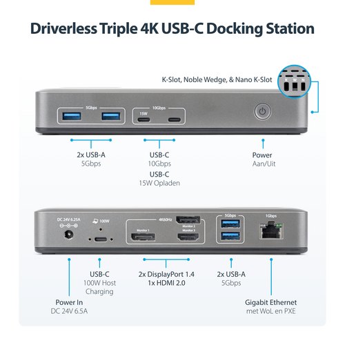 StarTech.com USB-C Docking Station Triple 4K Displays (2x 4K 60Hz, 1x 4K 30Hz), 100W Power Delivery, 6x USB 10Gbps, Gigabit Ethernet, DisplayPort + HDMI, Driverless Windows Laptop Dock