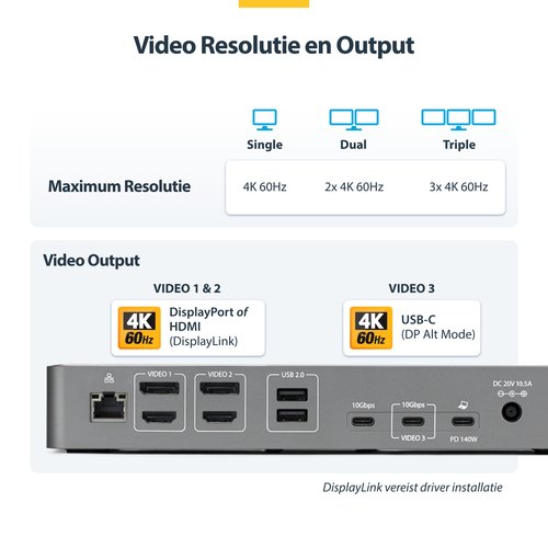 StarTech.com Triple-Monitor USB-C Docking Station, 140W Charging Dock voor MacBook Pro en Windows, 4K 60Hz HDMI of DisplayPort, TAA