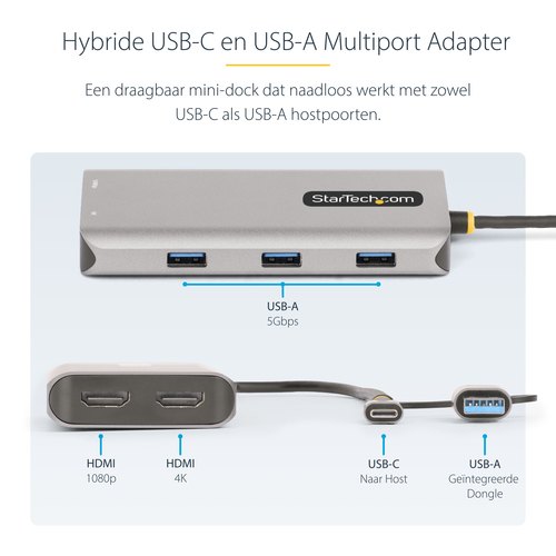 StarTech.com USB-C Multiport Adapter met Ingebouwde USB-C naar USB-A Dongle, Dual HDMI (4K30Hz/1080p60Hz), 3x USB-A 5Gbps, Mini Travel Dock, Laptop Docking Station, 40cm Kabel