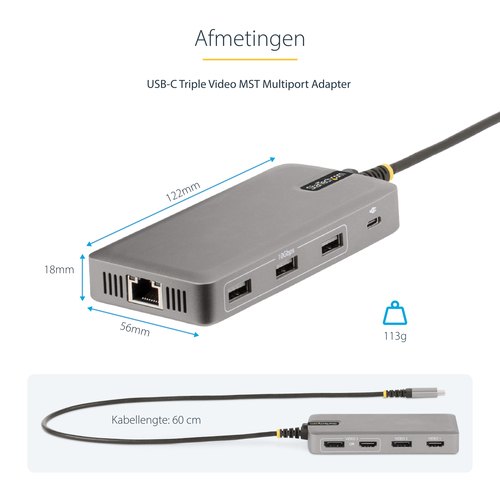 StarTech.com USB-C Triple Monitor Multiport Adapter, Dual 4K 60Hz + 4K 30Hz HDMI & DisplayPort, 3-Port USB Hub, 10Gbps, 100W PD Pass-Through, GbE, Travel Dock, Windows & ChromeOS