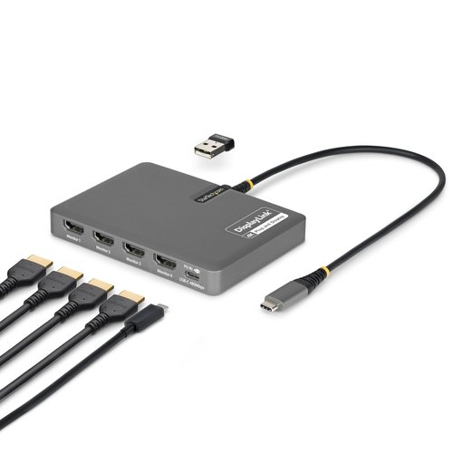 StarTech.com USB-C naar Quad-Monitor Adapter, 4K 60Hz HDMI, 140W PD Passthrough voor Laptop Opladen, USB Poort voor Wireless Toetsenbord / Muis, TAA
