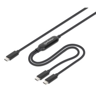 Manhattan Dubbele USB-C naar USB-C oplaadkabel, 100W, 2 m, 1x USB-C naar 2x USB-C, slimme power-splitter, tot 100W enkel of 70W + 28W, gevlochten mantel, aluminium connectoren, zwart, 3 jaar garantie