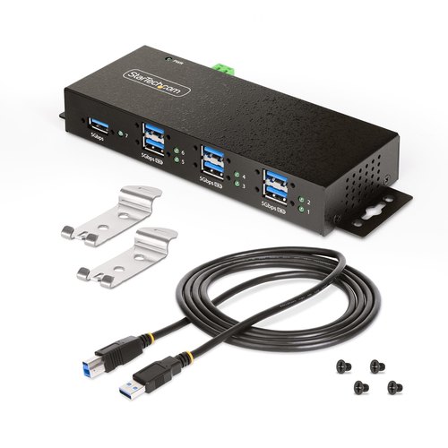 StarTech.com 7-Port Managed USB Hub met 4x USB-A, Heavy Duty met Industriële Stalen Behuizing, ESD & Overspanningsbeveiliging, Wand/Bureau/Din-Rail Montage, USB 3.0/3.1/3.2 Gen 1 5Gbps