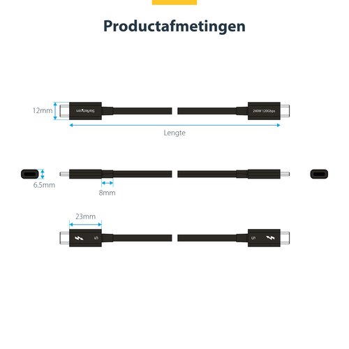 StarTech.com 50cm Thunderbolt 5 Kabel, 80Gbps/Tot 120Gbps, 240W PD EPR, 8K 60Hz, Thunderbolt-Gecertificeerde Kabel, Compatibel met Thunderbolt 4/USB4/USB-C