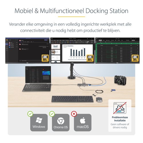 StarTech.com USB-C Triple Monitor Multiport Adapter, 5Gbps, Dual 4K 60Hz + 4K 30Hz HDMI & DisplayPort, 4-Port USB Hub, 100W PD Pass-Through, GbE, SD/MicroSD Kaartlezers