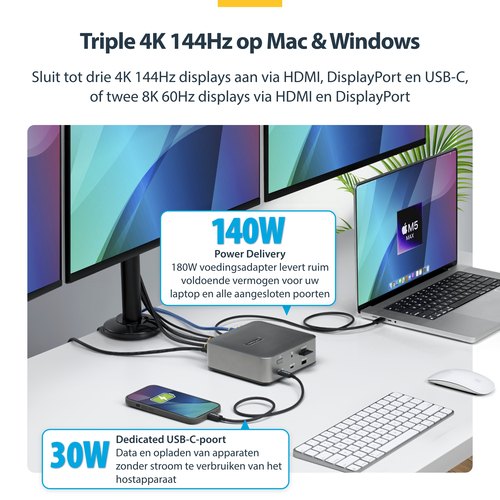 StarTech.com Thunderbolt 5 Universeel Docking Station, Multi-Display Hub, 8K 60Hz of 4K 144Hz, 120Gbps Bandwidth Boost, 140W PD, 30W Phone Charging, USB 10Gbps, 2.5G LAN