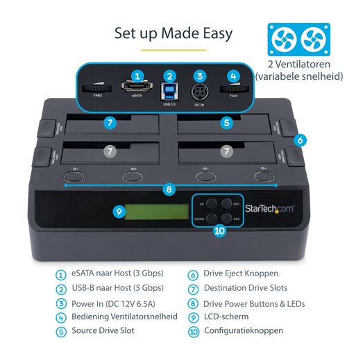 StarTech.com 4-Bay Hard Drive Cloner en Wisser, Standalone 1:3 HDD/SSD Kloner/Copier/Earser, USB 3.0/eSATA naar SATA Docking Station, Hard Disk Duplicator en Secure Erase Dock, Toolless/Top-Loading Ontwerp