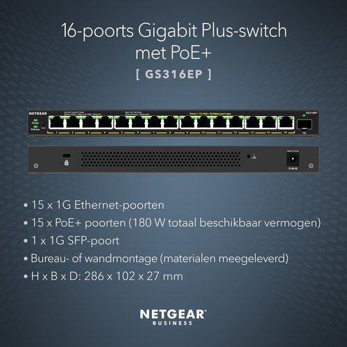 NETGEAR GS316EP Managed Gigabit Ethernet (10/100/1000) Power over Ethernet (PoE) Zwart
