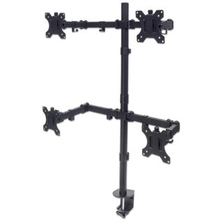 Manhattan Bureaubeugel voor 4 TV’s en monitoren, voor schermen 10"–27", met tafelklem of monitorstandaard, VESA-compatibiliteit: 75×75 en 100×100 mm (controleer de afmetingen van de vier montagegaten aan de achterzijde), max 8 kg per scherm, zwart