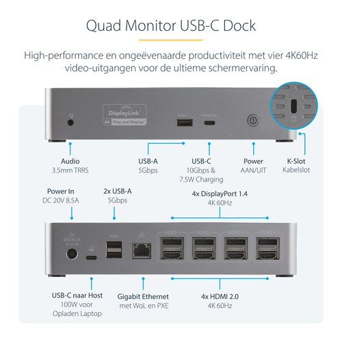 StarTech.com USB-C Dock, 4K 60Hz Quad Monitor DisplayPort & HDMI, Universeel USB Type-C Docking Station met 100W Power Delivery, USB Hub met 1x USB Type-C & 3x USB-A, Ethernet, Audio