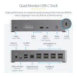 StarTech.com USB-C Dock, 4K 60Hz Quad Monitor DisplayPort & HDMI, Universeel USB Type-C Docking Station met 100W Power Delivery, USB Hub met 1x USB Type-C & 3x USB-A, Ethernet, Audio