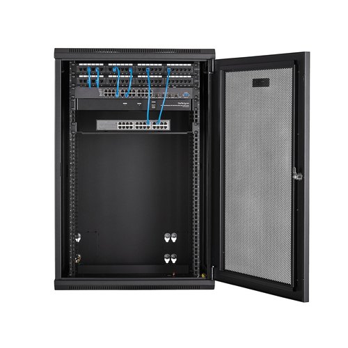 StarTech.com 4 Post 18U Wandmonteerbare Netwerkkast met 1U Schap, 19" Scharnierende Patchkast voor Data/AV/Electronica/Computer Apparatuur, Veelzijdig Geventileerd Server Rack, Vergrendelbaar