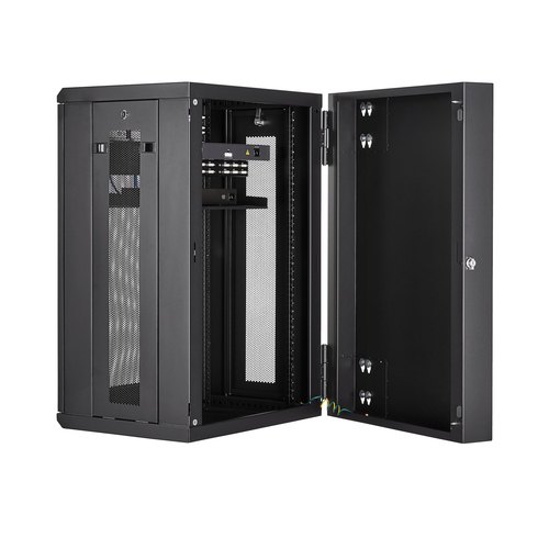 StarTech.com 4 Post 18U Wandmonteerbare Netwerkkast met 1U Schap, 19" Scharnierende Patchkast voor Data/AV/Electronica/Computer Apparatuur, Veelzijdig Geventileerd Server Rack, Vergrendelbaar