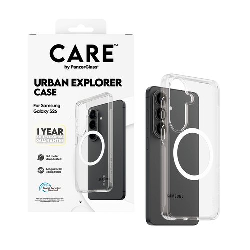 PanzerGlass CARE™ by ® Urban Explorer Case Transparent w. White Qi Samsung Galaxy S26 mobiele telefoon behuizingen Hoes Transparant