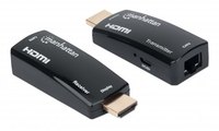 Manhattan Compact HDMI-extenderkit 1080p@60 Hz via Ethernet, verlengt het signaal tot 60 m via één Cat6 Ethernetkabel, inclusief zender en ontvanger, voeding via kabel, ultradun ontwerp, zwart, 3 jaar garantie