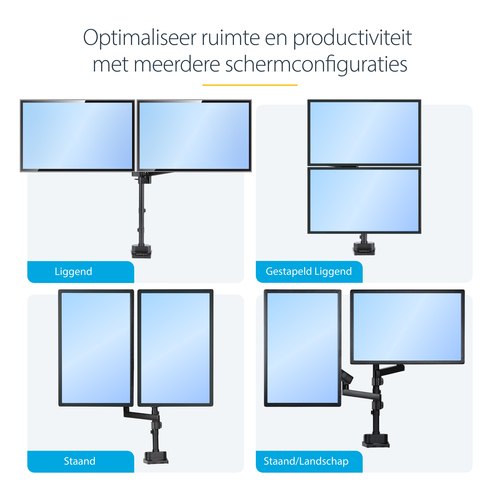StarTech.com Dubbele Monitor Arm voor Bureaumontage, Full Motion Monitorbeugel voor 2x VESA-displays tot 32" (8kg), Verticale Stapelbare Armen, Hoogte verstelbaar/Articulerend - Bureauklem/Doorvoertule